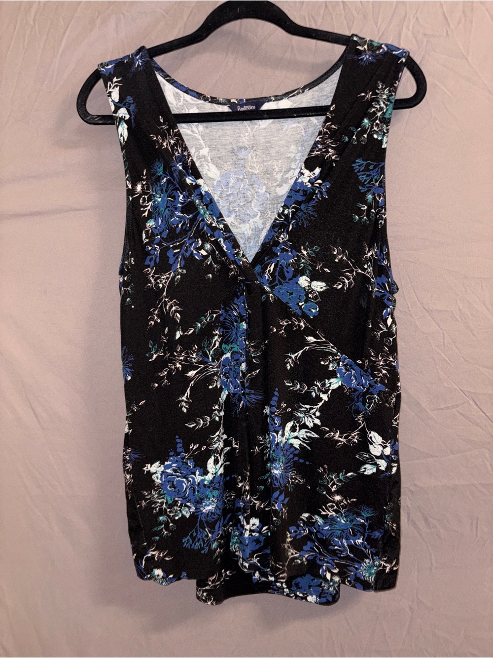 Reitmans Black Sleeveless V-Neck Top with Blue Floral Print